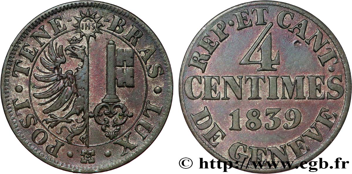 SWITZERLAND - REPUBLIC OF GENEVA 4 Centimes - Canton de Genève 1839  AU 