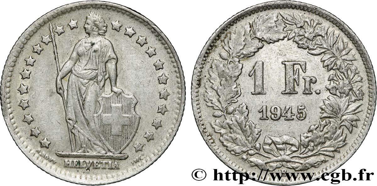 SUISSE 1 Franc Helvetia 1945 Berne TTB 