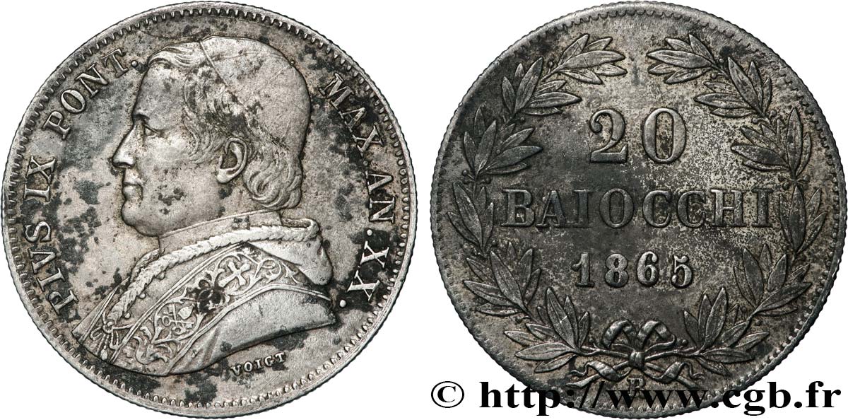 VATICAN ET ÉTATS PONTIFICAUX 20 Baiocchi Pie IX an XX 1865 Rome TTB 