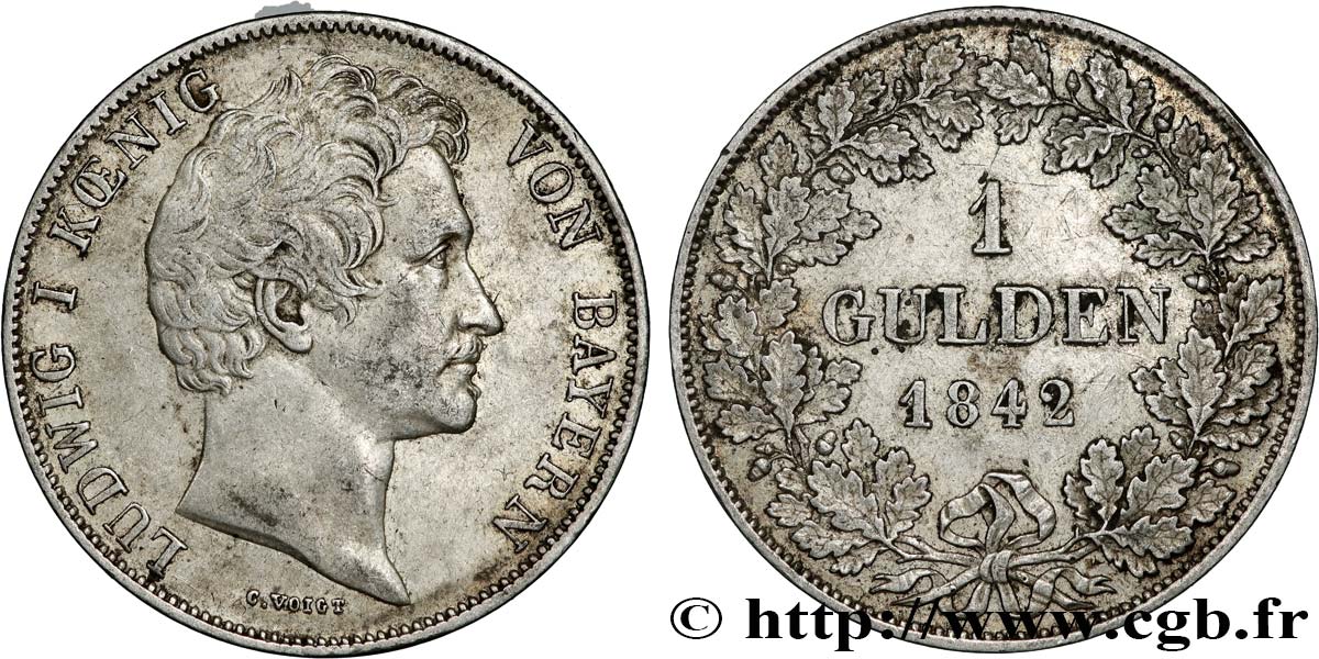 GERMANY - BAVARIA 1 Gulden Louis Ier 1842 Münich XF 