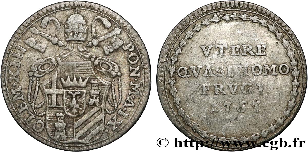 ITALY - PAPAL STATES - CLEMENT XIII (Charles Rezzonico) Grosso an IX 1767 Rome XF 