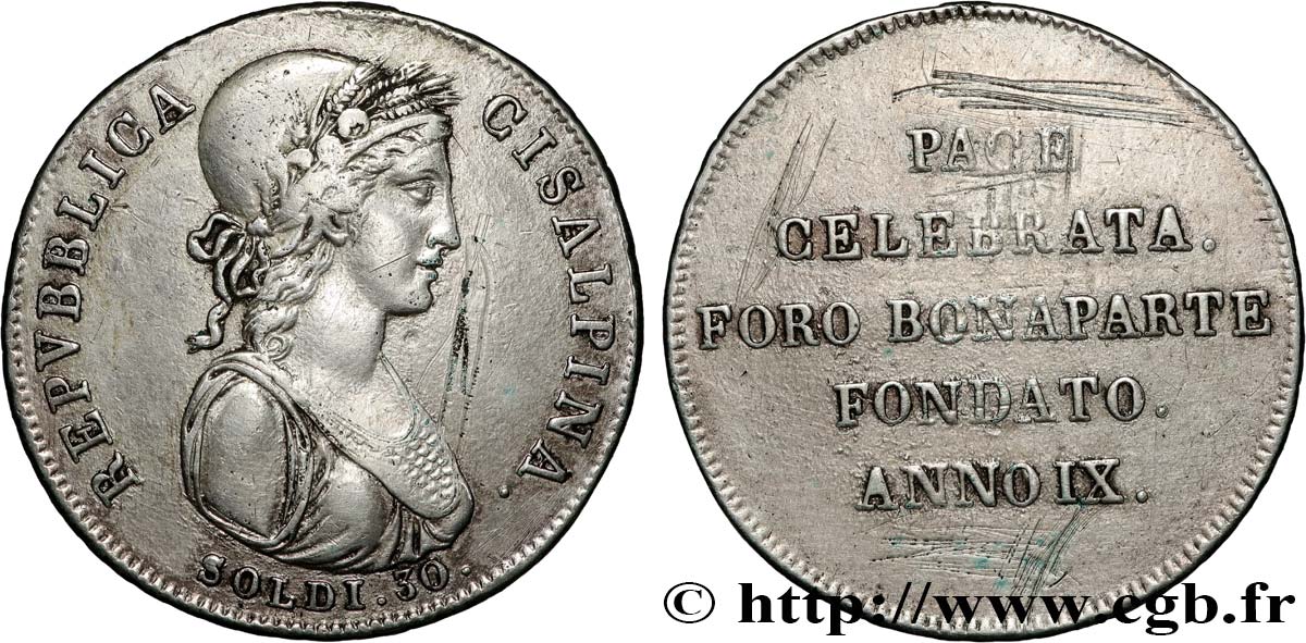 ITALIE - RÉPUBLIQUE CISALPINE 30 soldi an IX (1801) Milan TB+ 