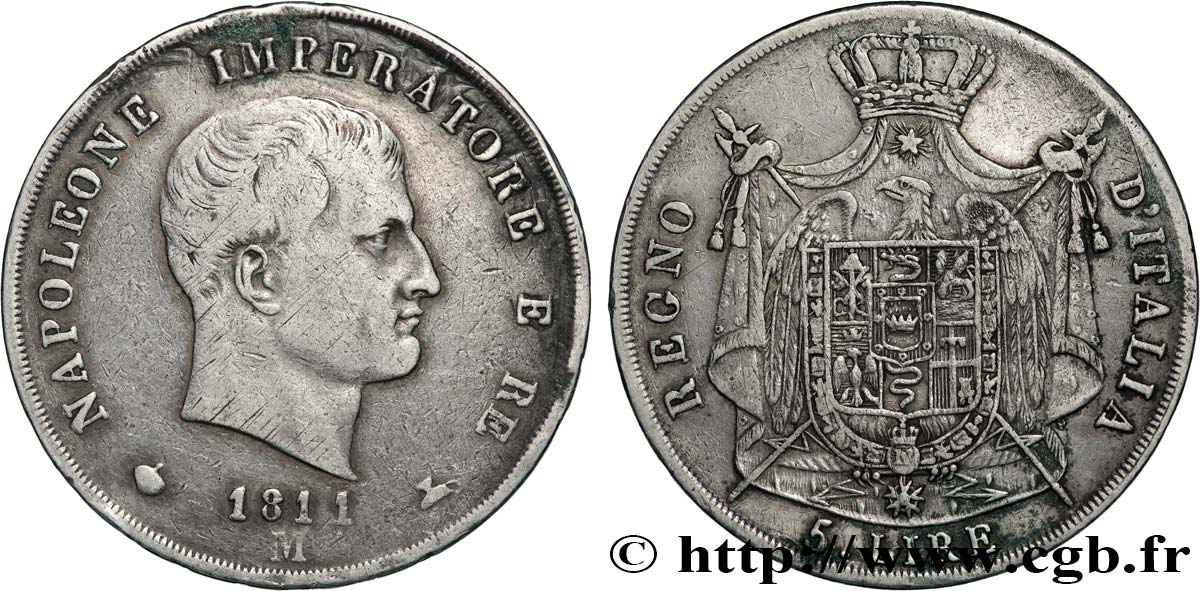 ITALIA - REINO DE ITALIA - NAPOLEóNE I 5 Lire 1811 Milan BC+ 