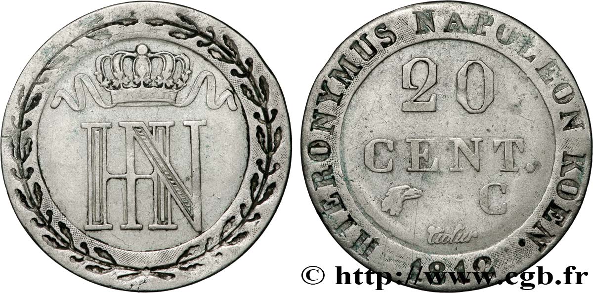 ALLEMAGNE - ROYAUME DE WESTPHALIE - JÉRÔME NAPOLÉON 20 Centimes 1812 Cassel TTB 