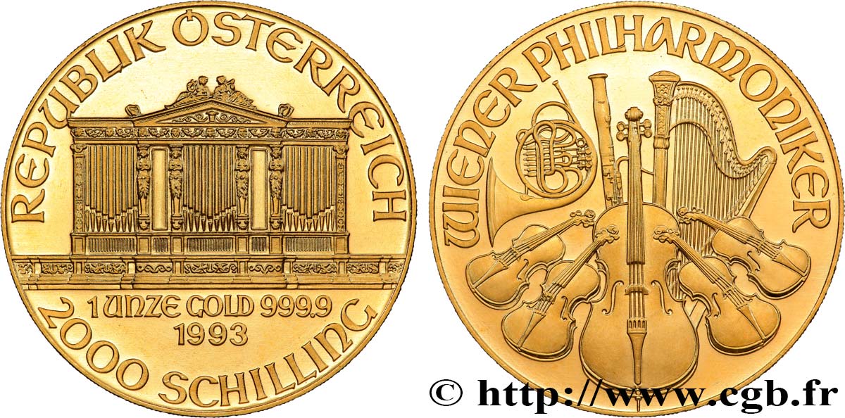 OR, PALLADIUM ET PLATINE INVESTISSEMENT 1 Oz - 2000 Schilling LE PHILARMONIQUE DE VIENNE 1993 Vienne SPL 