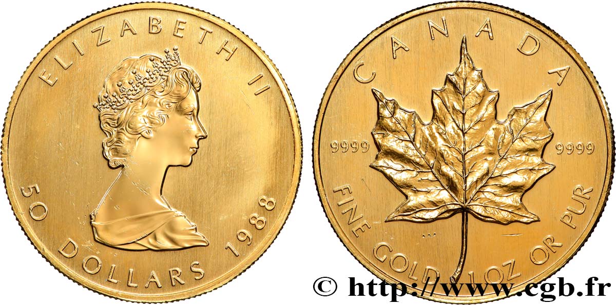 INVESTMENT GOLD 1 Oz - 50 Dollars or  maple leaf  Elisabeth II 1988  MS 