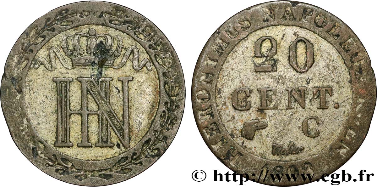 GERMANY - KINGDOM OF WESTPHALIA 20 Centimes 1808 Cassel VF 