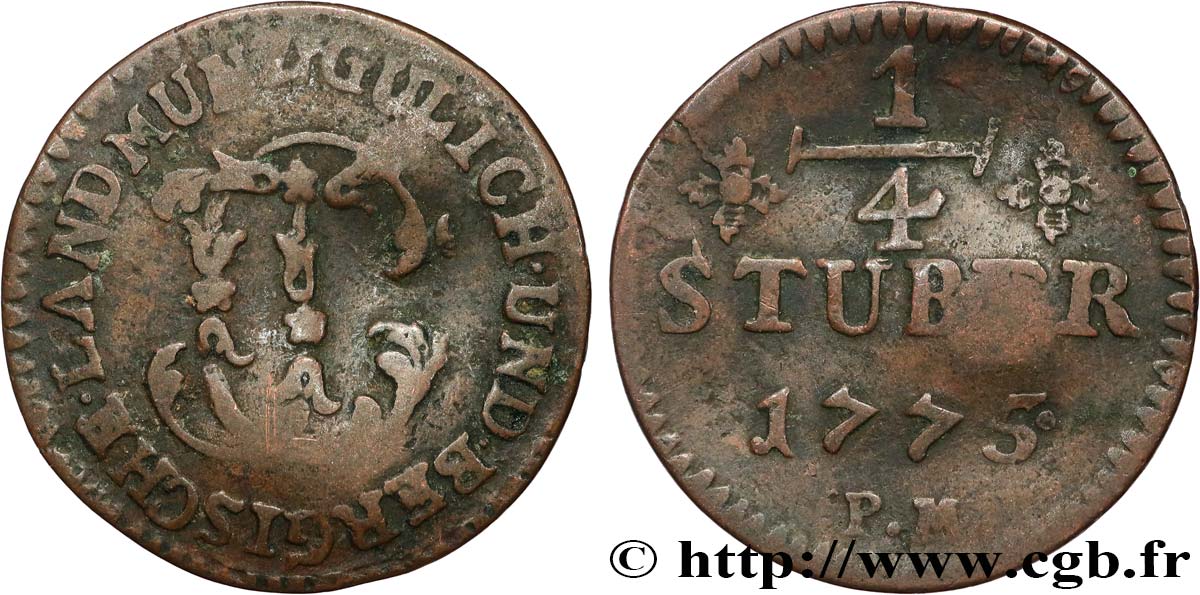 ALLEMAGNE - JULIERS-BERG 1/4 Stuber Duché de Jülich-Berg monogramme de Carl Théodore de Bavière 1775 Düsseldorf TB 