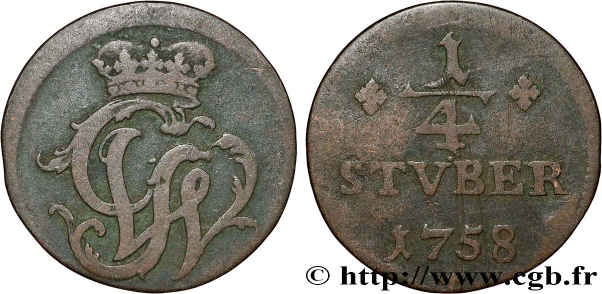 ALLEMAGNE - WIED-RUNKEL 1/4 Stuber monogramme de Johann Ludwig Adolf ...