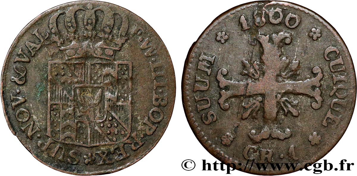 SUISSE - CANTON DE NEUCHATEL 1 Kreuzer Frédéric-Guillaume III de Prusse 1800 Neuchâtel TB+ 