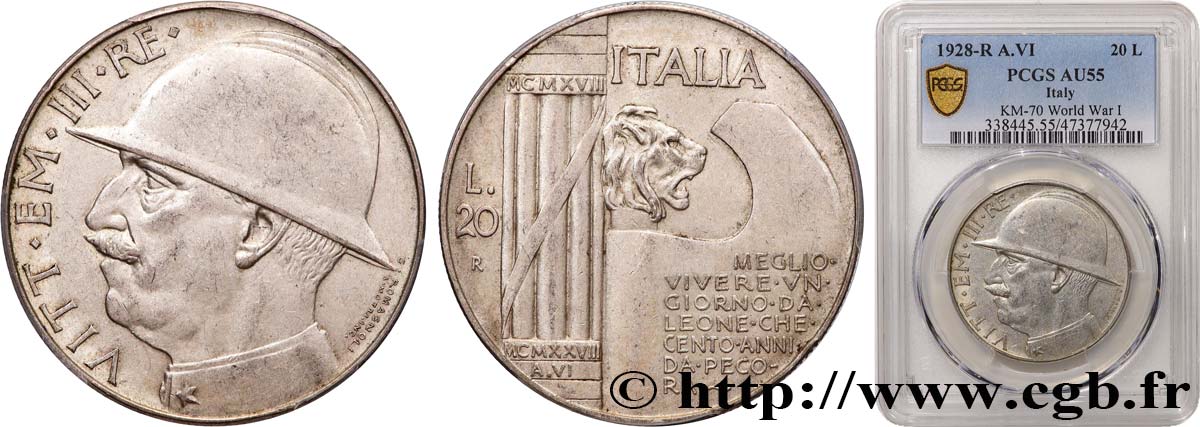 ITALY - KINGDOM OF ITALY - VICTOR-EMMANUEL III 20 Lire, 10e anniversaire de la fin de la Première Guerre mondiale 1928 Rome AU55 PCGS