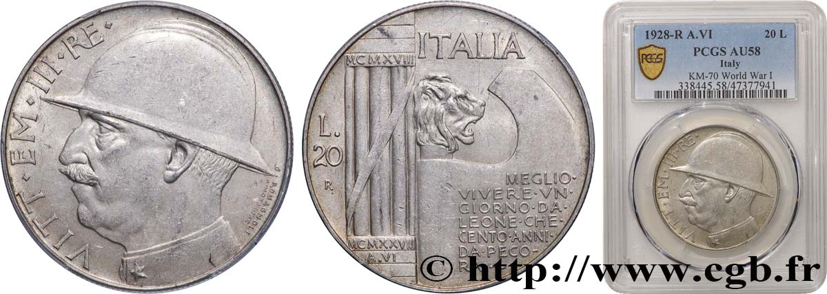 ITALY - KINGDOM OF ITALY - VICTOR-EMMANUEL III 20 Lire, 10e anniversaire de la fin de la Première Guerre mondiale 1928 Rome AU58 PCGS