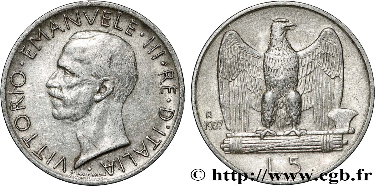 ITALIA 5 Lire Victor Emmanuel III 1927 Rome MBC+ 