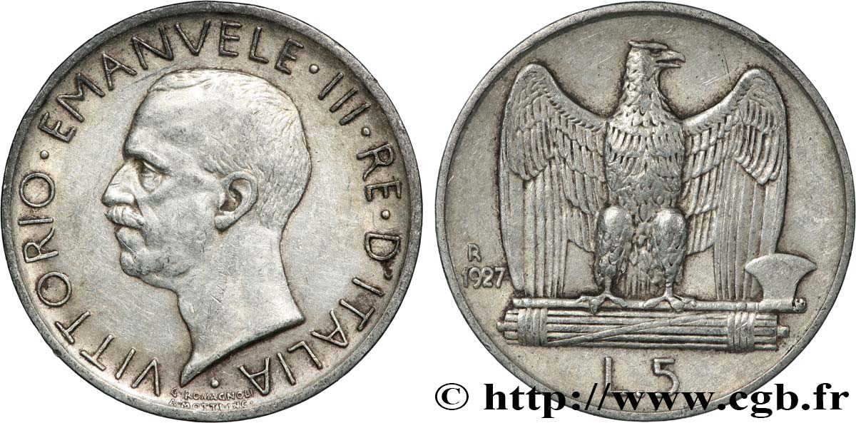 ITALY 5 Lire Victor Emmanuel III 1927 Rome AU 