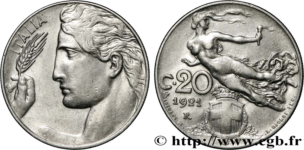 ITALIE 20 Centesimi allégorie de la Liberté 1921 Rome TTB 