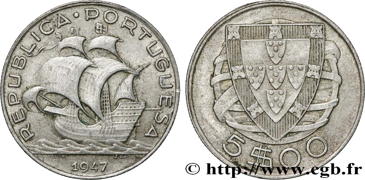 PORTUGAL 5 Escudos emblème 1947  TTB 