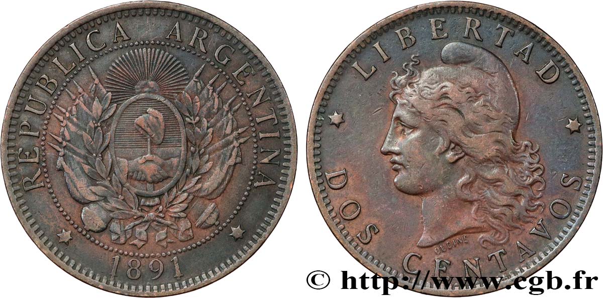 ARGENTINE 2 Centavos “Liberté” 1891  TTB 