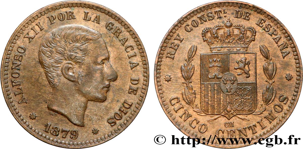 ESPAGNE - ROYAUME D ESPAGNE - ALPHONSE XII 5 Centimos  1879 Oeschger Mesdach & CO AU 