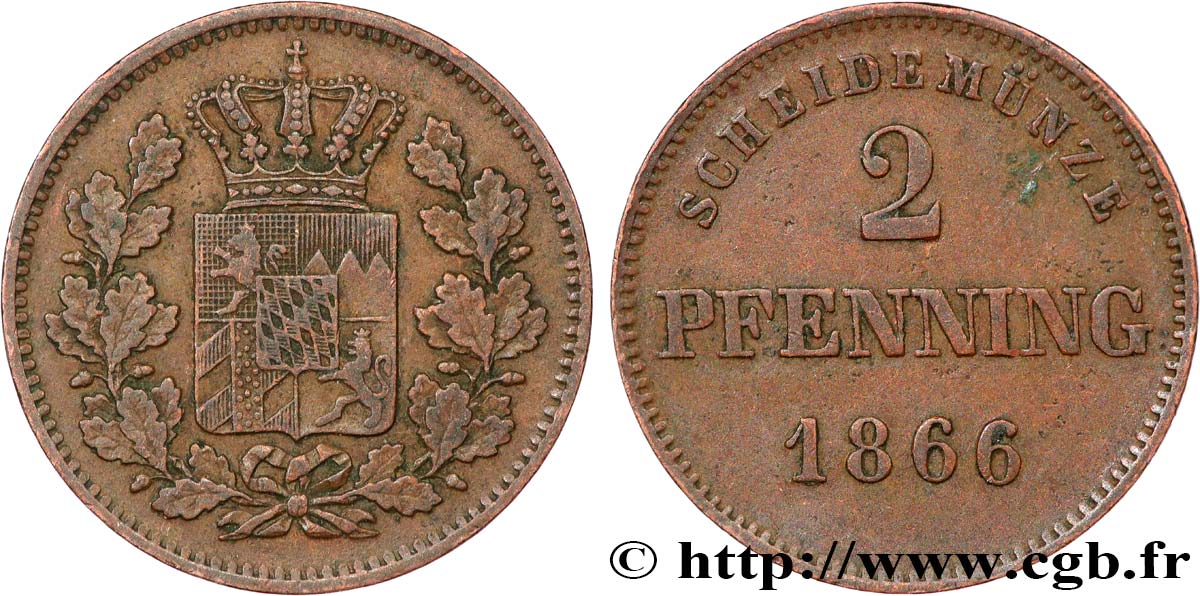 ALLEMAGNE BAVIÈRE 2 Pfenninge Royaume de Bavière 1866 fwo_853708 Monde