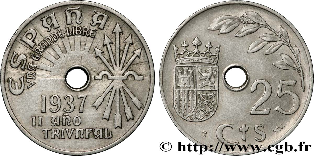 ESPAGNE 25 Centimos monnayage nationaliste 1937 Vienne SUP 