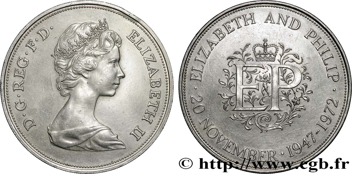 ROYAUME-UNI 25 New Pence (1 Crown) 25e anniversaire de mariage d’Elisabeth II 1972  SUP 