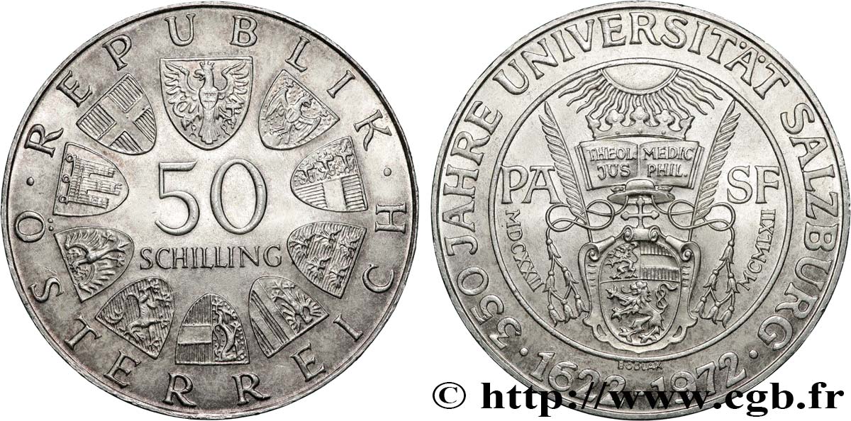 ÖSTERREICH 50 Schilling 350e anniversaire de l’université de Salzbourg 1972  VZ 