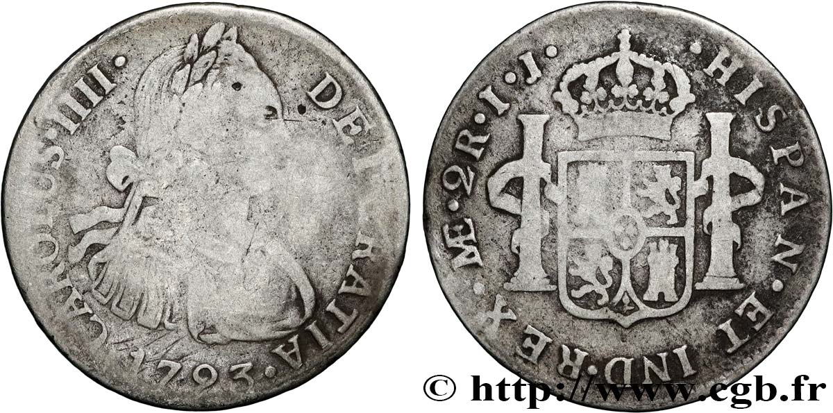PÉROU 2 Reales Charles IIII d’Espagne IJ 1793 Lima B+ 