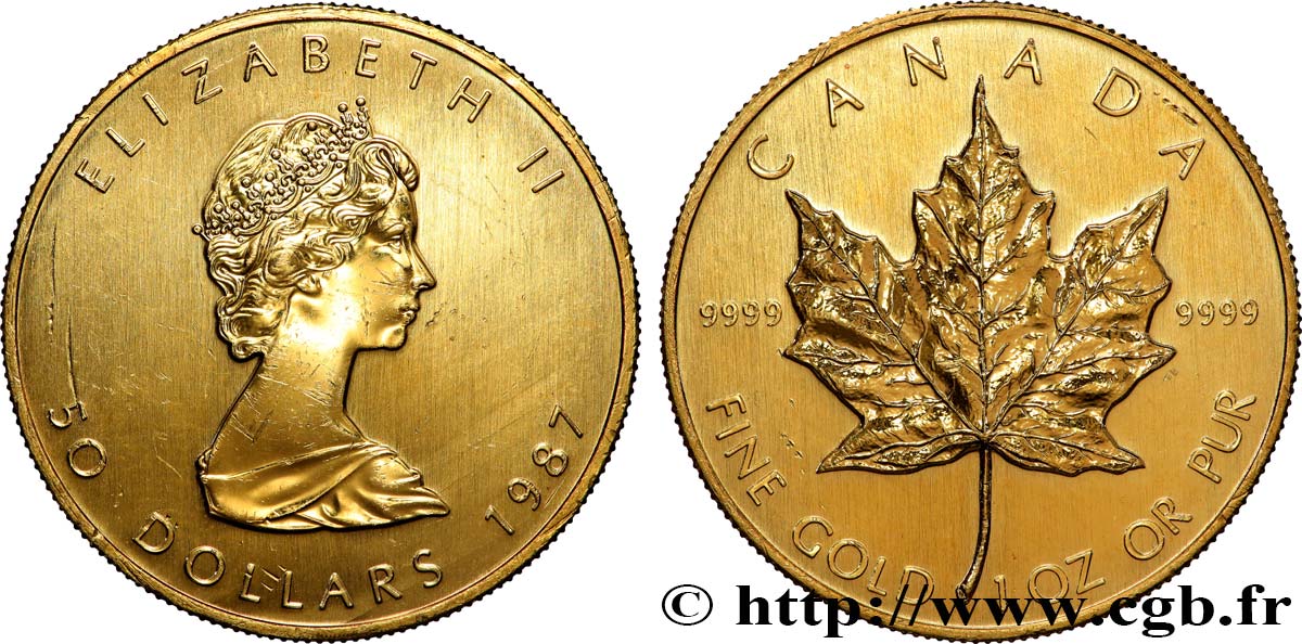 INVESTMENT GOLD 1 Oz - 50 Dollars  Maple Leaf  Elisabeth II 1987  SC 