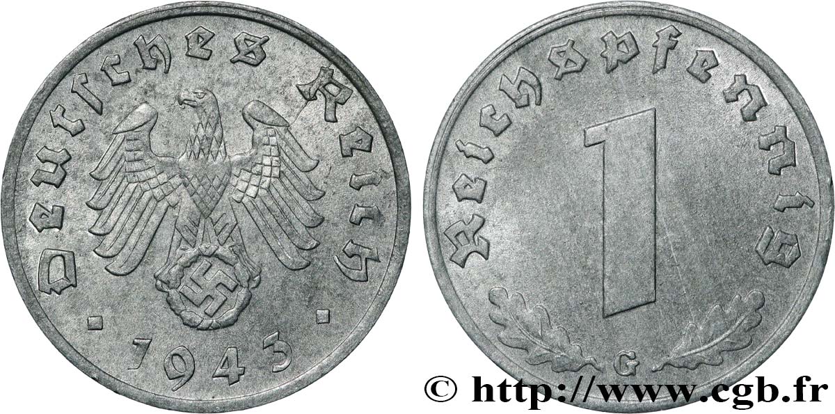 DEUTSCHLAND 1 Reichspfennig aigle et swastika 1943 Karlsruhe fVZ 