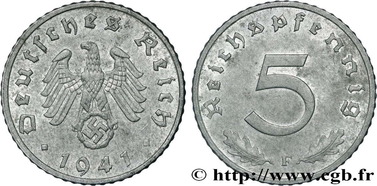 ALLEMAGNE 5 Reichspfennig aigle surmontant une swastika 1941 Stuttgart  TTB+ 