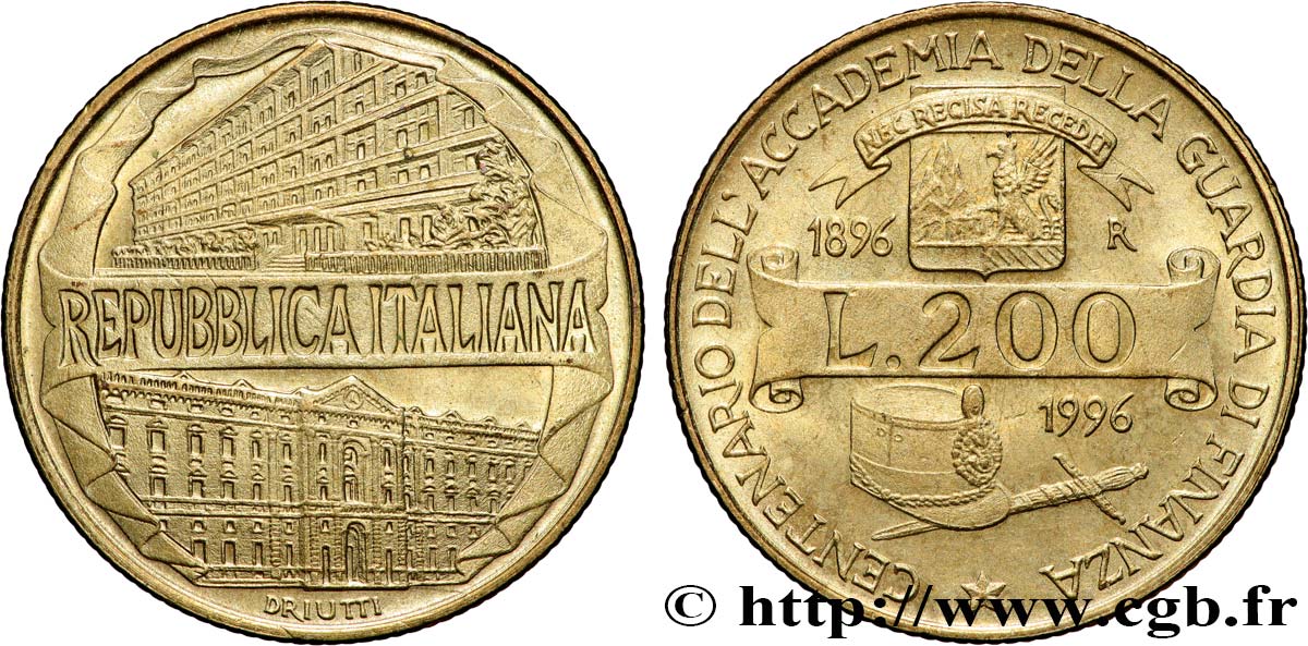 ITALY 200 Lire centenaire Académie de la Guardia di Finanza 1996 Rome - R AU 