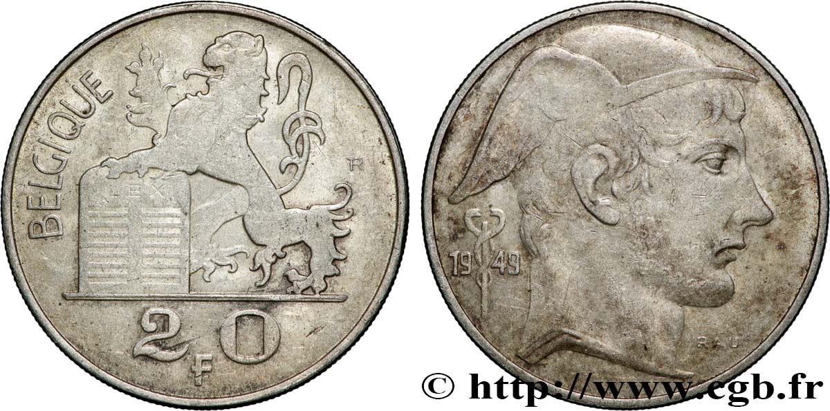 BELGIUM 20 Francs Mercure, légende française 1949  VF 