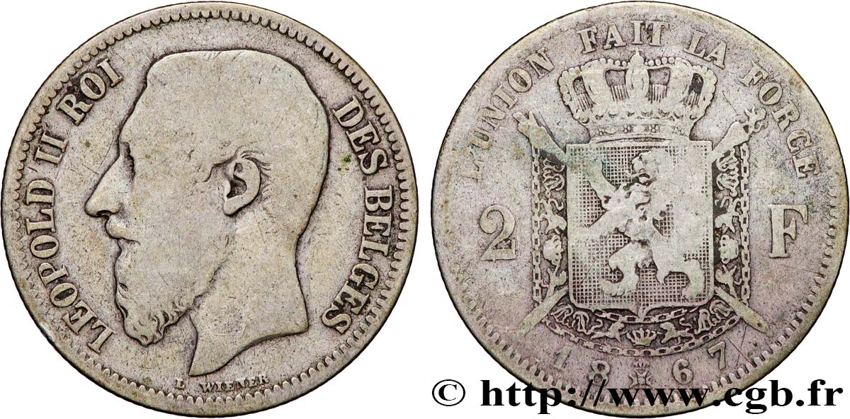 BELGIQUE 2 Francs Léopold II légende française 1867  TB 
