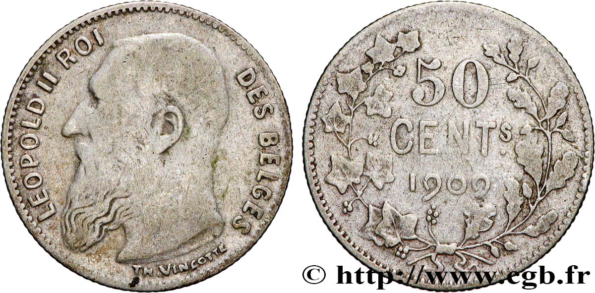 BELGIQUE 50 Centimes Léopold II légende en français 1909  TB 