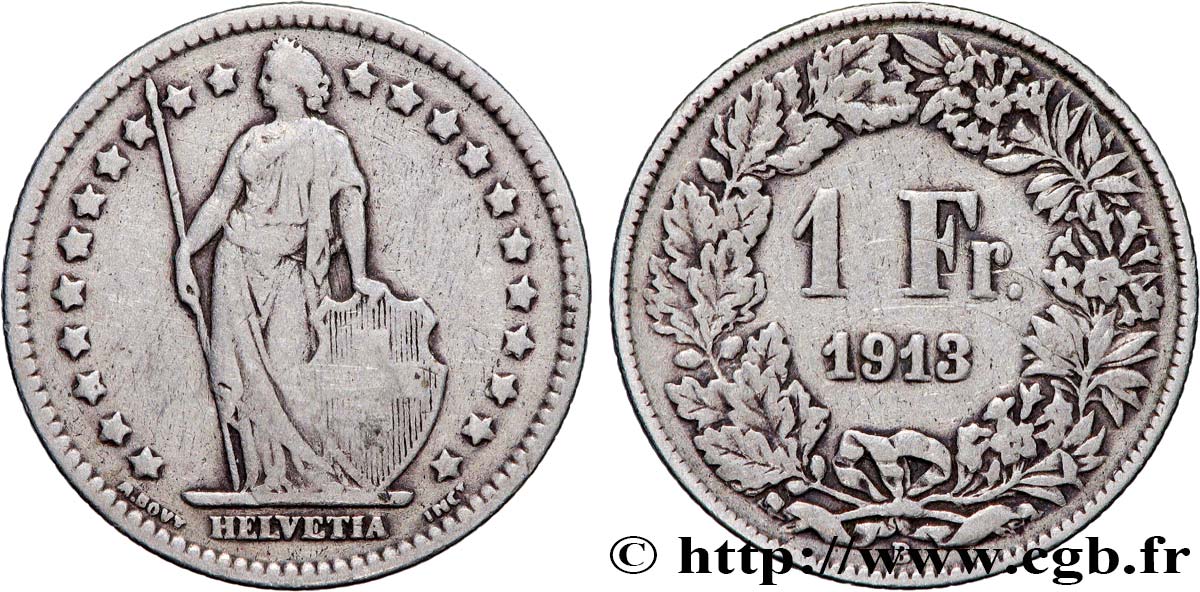 SUIZA 1 Franc Helvetia 1913 Berne BC+ 