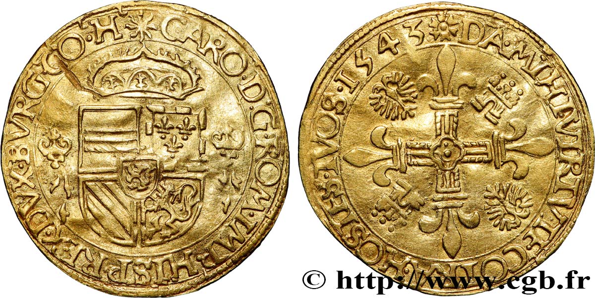 SPANISH NETHERLANDS - DUCHY OF BRABANT - CHARLES V  Couronne d’or au soleil 1543 Anvers AU 