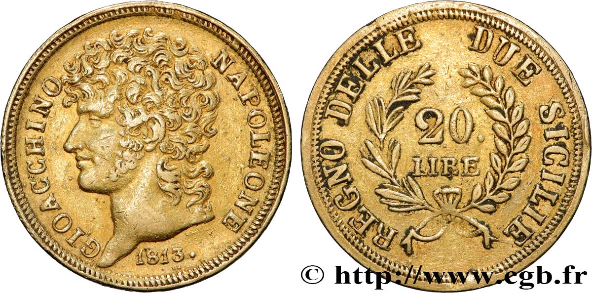 ITALIA - REINO DE NÁPOLES - JOAQUÍM MURAT 20 Lire or, rameaux longs 1813 Naples MBC 