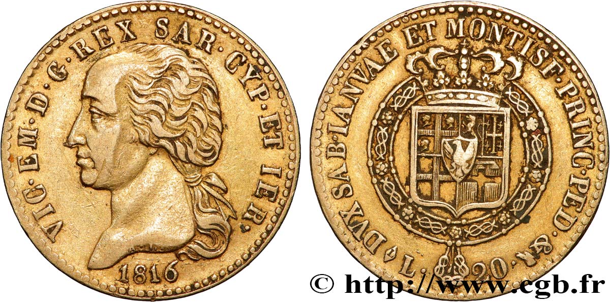 ITALY - KINGDOM OF SARDINIA - VICTOR-EMMANUEL I 20 Lire 1816 Turin XF 