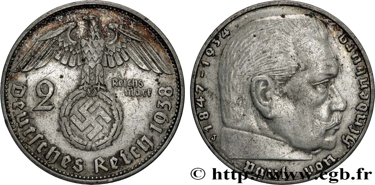 DEUTSCHLAND 2 Reichsmark Maréchal Paul von Hindenburg 1938 Hambourg SS 