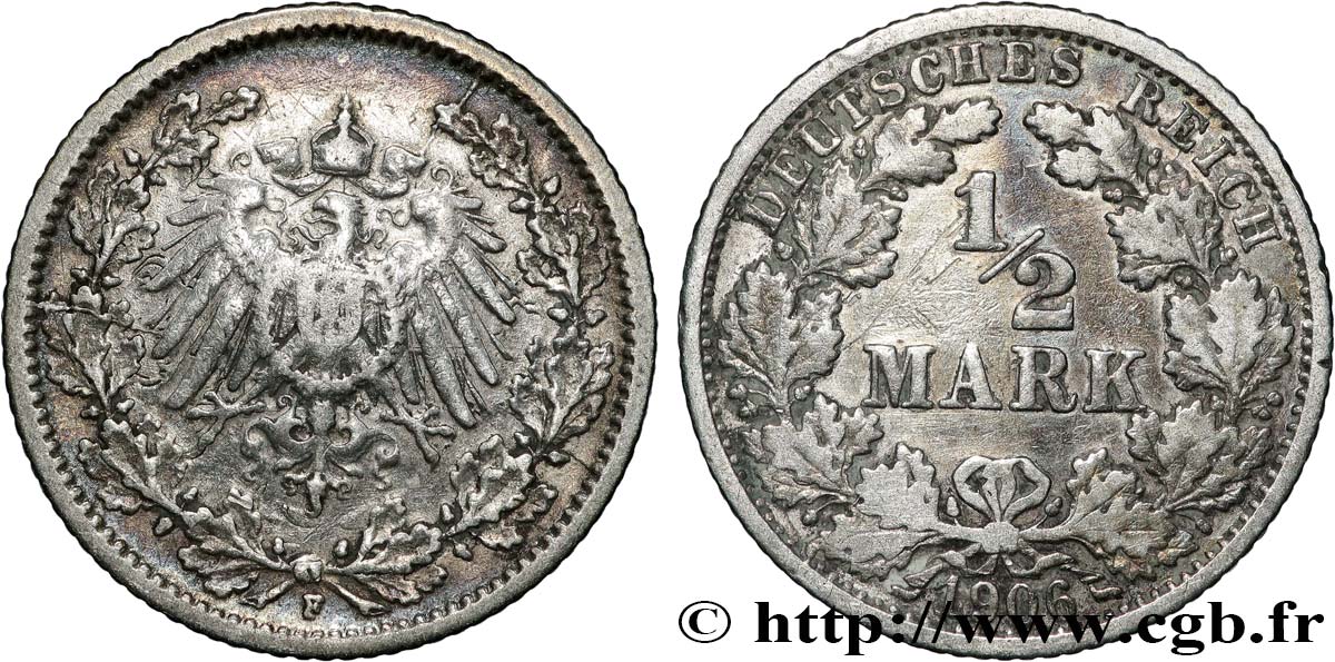 GERMANY 1/2 Mark Empire aigle impérial 1906 Stuttgart - F VF 