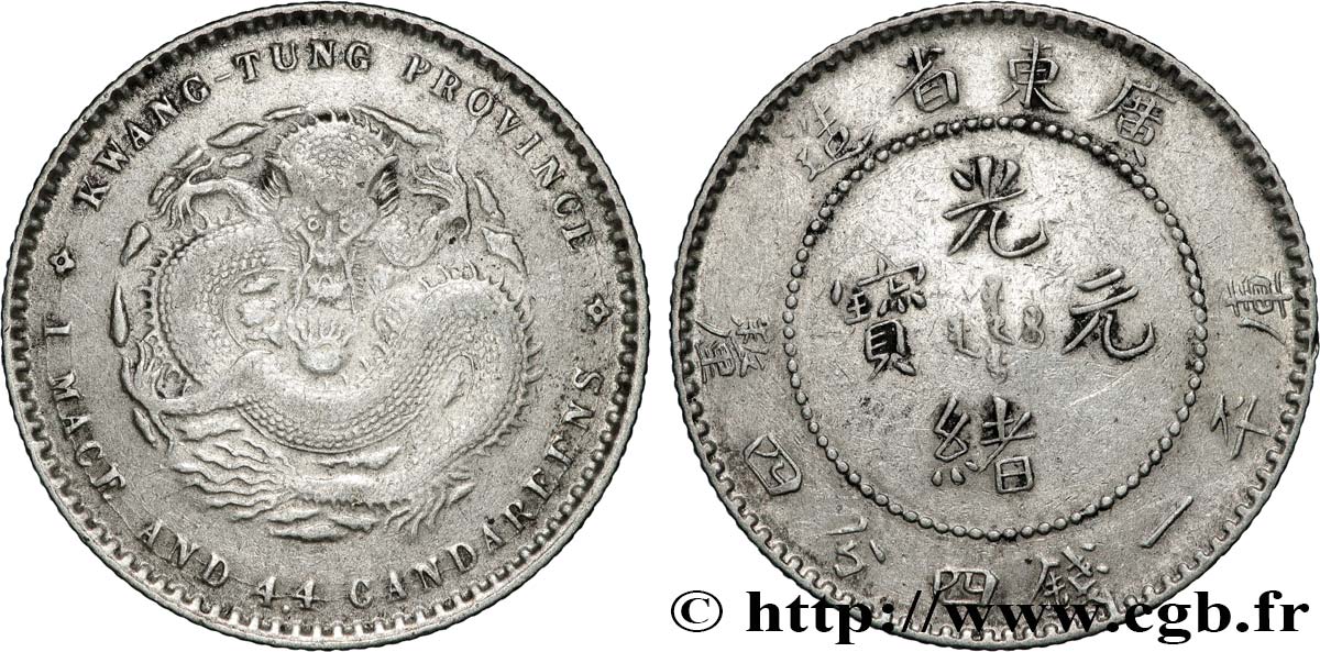 CHINA 20 Cents province de Guangdong 1890-1908 Guangzhou (Canton) XF 