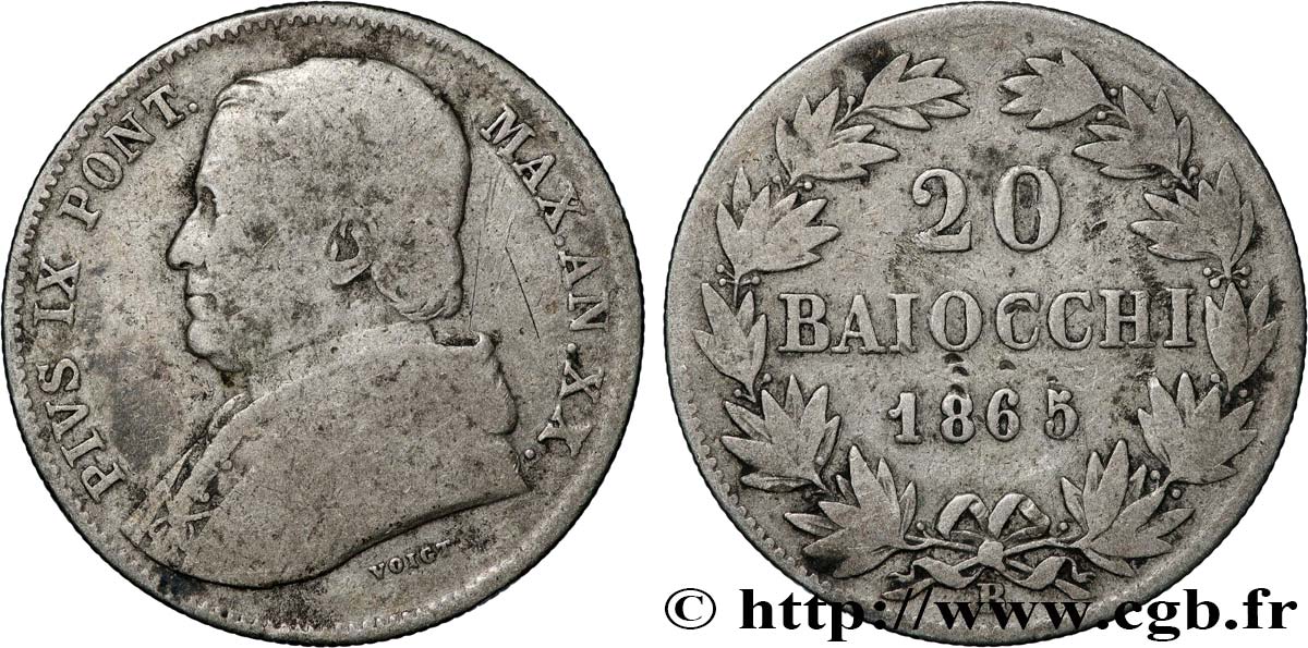 ITALIE - ÉTATS DU PAPE - PIE IX (Jean-Marie Mastai Ferretti) 20 Baiocchi an XX 1865 Rome TB 