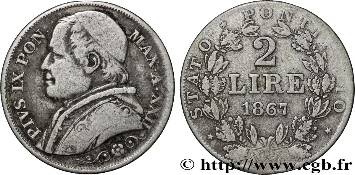 VATICAN ET ÉTATS PONTIFICAUX 2 Lire Pie IX an XXII 1867 Rome TB 