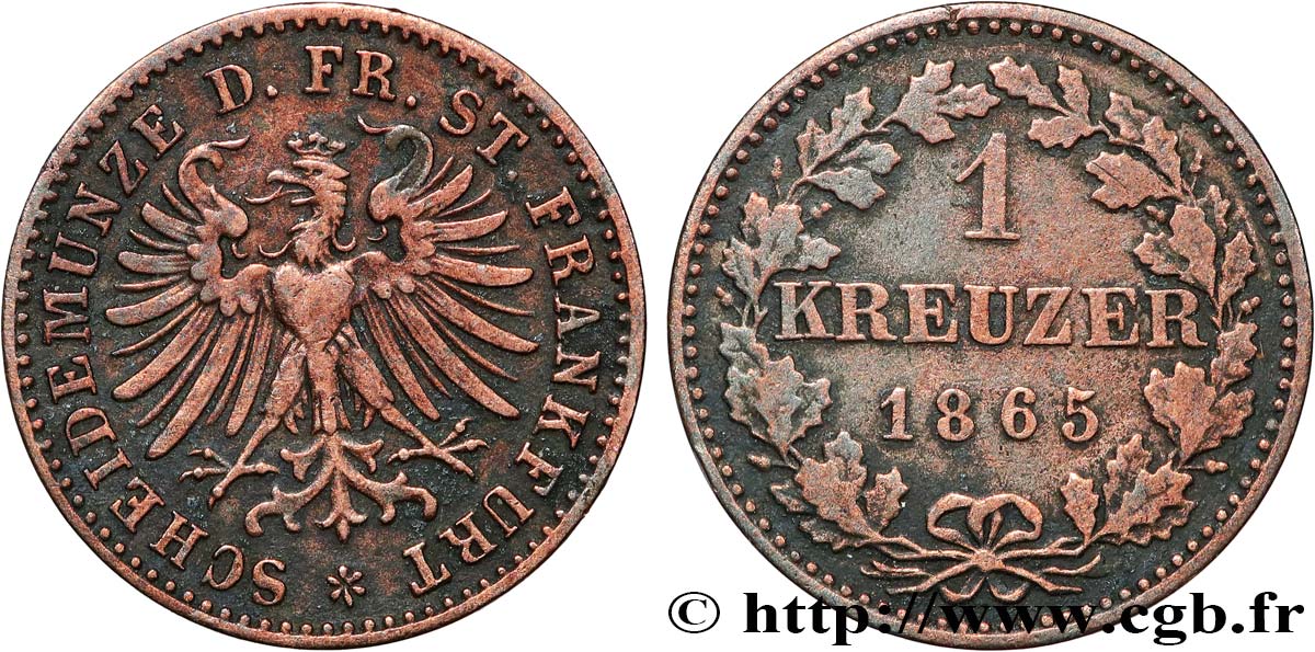 ALEMANIA - CIUDAD LIBRE DE FRáNCFORT 1 Kreuzer Ville libre de Francfort :  aigle 1865 Francfort MBC 