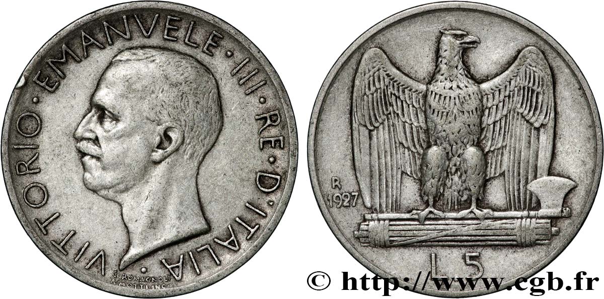 ITALY 5 Lire Victor Emmanuel III 1927 Rome AU 