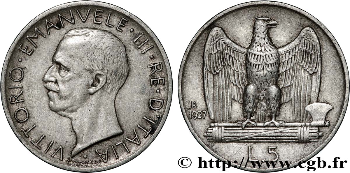 ITALIA 5 Lire Victor Emmanuel III 1927 Rome MBC+ 