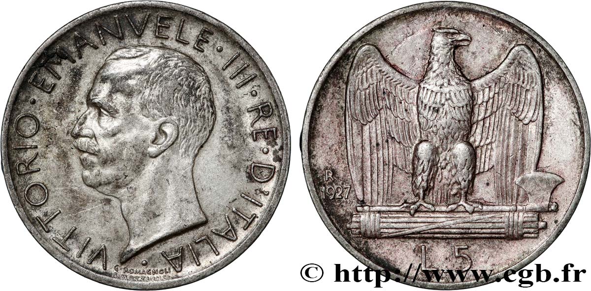 ITALIA 5 Lire Victor Emmanuel III 1927 Rome MBC 