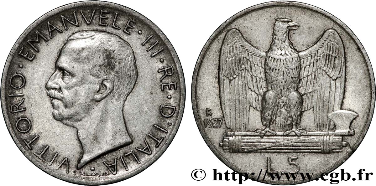 ITALIA 5 Lire Victor Emmanuel III 1927 Rome MBC+ 