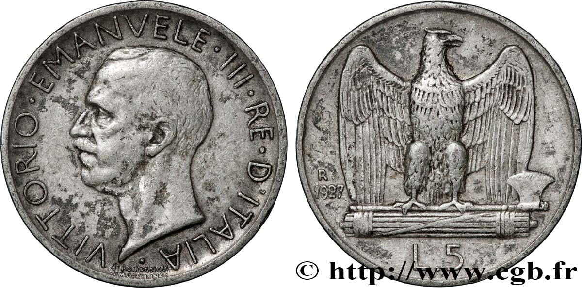 ITALIA 5 Lire Victor Emmanuel III 1927 Rome MBC 