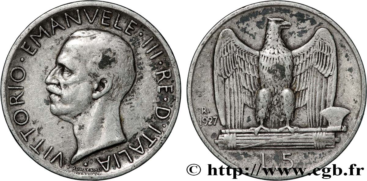 ITALY 5 Lire Victor Emmanuel III 1927 Rome XF 